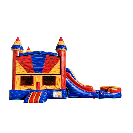 Colorful inflatable combo water slide featuring a bounce house and double slide, set against a white background. Colorful inflatable combo water slide featuring a bounce house and double slide, set against a white background.