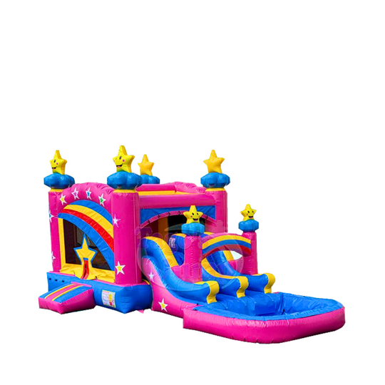 Large pink inflatable combo water slide featuring star decorations and a splash pool. Large pink inflatable combo water slide featuring star decorations and a splash pool.