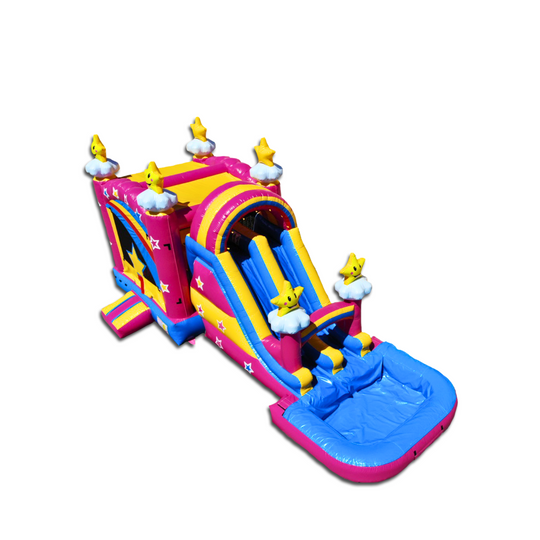 Colorful pink inflatable combo water slide featuring a double line and star decorations, set against a white background. Colorful pink inflatable combo water slide featuring a double line and star decorations, set against a white background.