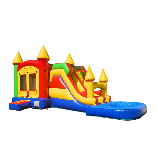Colorful inflatable combo water slide with a double line and a pool, featuring a castle theme. Colorful inflatable combo water slide with a double line and a pool, featuring a castle theme.