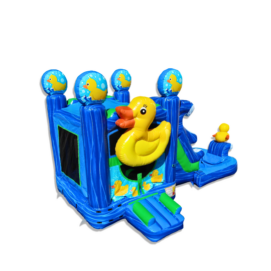 Colorful inflatable combo water slide featuring a large yellow duck and water elements, ideal for outdoor fun. Colorful inflatable combo water slide featuring a large yellow duck and water elements, ideal for outdoor fun.