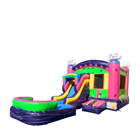 Colorful inflatable combo water slide with a large pool, featuring bright pink, green, and purple sections, set against a Colorful inflatable combo water slide with a large pool, featuring bright pink, green, and purple sections, set against a