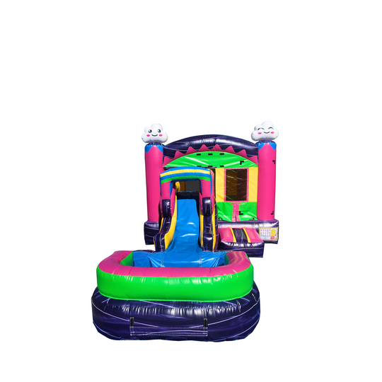 Colorful inflatable combo water slide featuring a large pool, with pink and green accents and cloud decorations. Colorful inflatable combo water slide featuring a large pool, with pink and green accents and cloud decorations.
