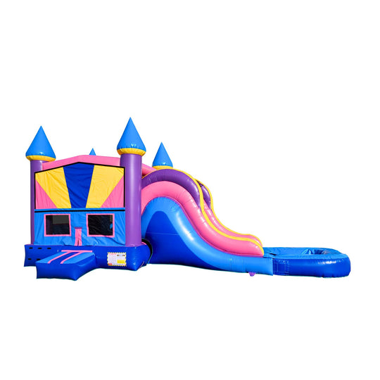 Colorful inflatable combo water slide featuring a castle theme with pink and blue accents, set against a white background. Colorful inflatable combo water slide featuring a castle theme with pink and blue accents, set against a white background.