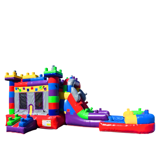 Colorful inflatable combo water slide featuring a large pool and climbing area, set against a white background. Colorful inflatable combo water slide featuring a large pool and climbing area, set against a white background.