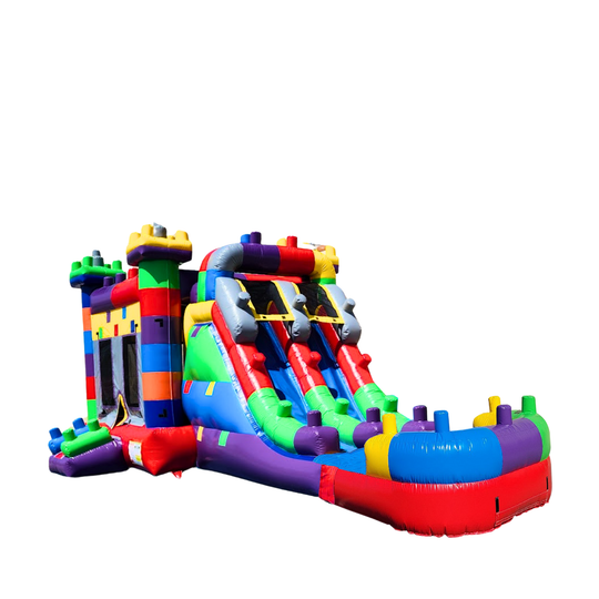 Colorful inflatable combo water slide featuring two slides and a bounce area, set against a white background. Colorful inflatable combo water slide featuring two slides and a bounce area, set against a white background.