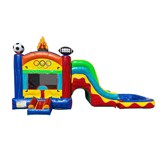 Colorful inflatable combo water slide featuring sports-themed decorations, including soccer and football motifs, with a Colorful inflatable combo water slide featuring sports-themed decorations, including soccer and football motifs, with a