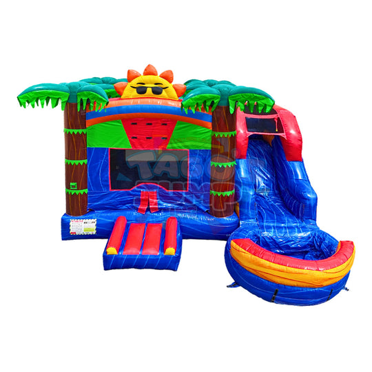 Colorful inflatable combo water slide featuring a tropical theme with palm trees and a sun design, set against a blue water Colorful inflatable combo water slide featuring a tropical theme with palm trees and a sun design, set against a blue water