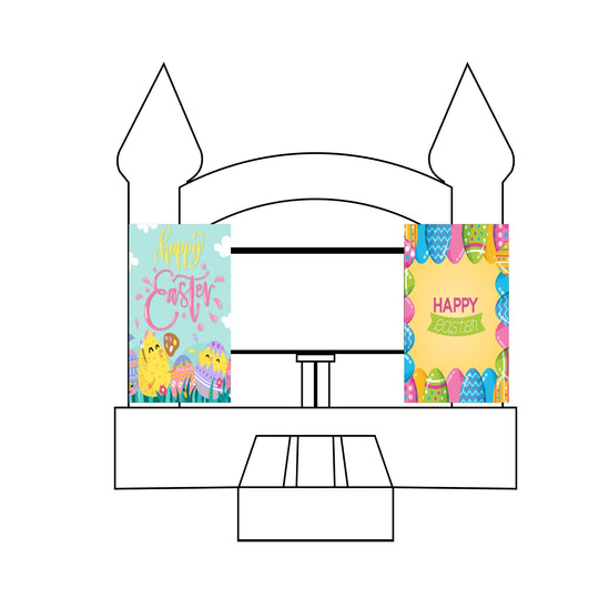 Two colorful Easter banners featuring festive designs, displayed on a bounce house backdrop. Two colorful Easter banners featuring festive designs, displayed on a bounce house backdrop.
