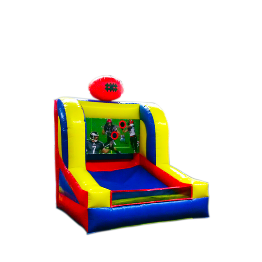 Colorful inflatable football game featuring a target area and a large football on top, set against a white background. Colorful inflatable football game featuring a target area and a large football on top, set against a white background.