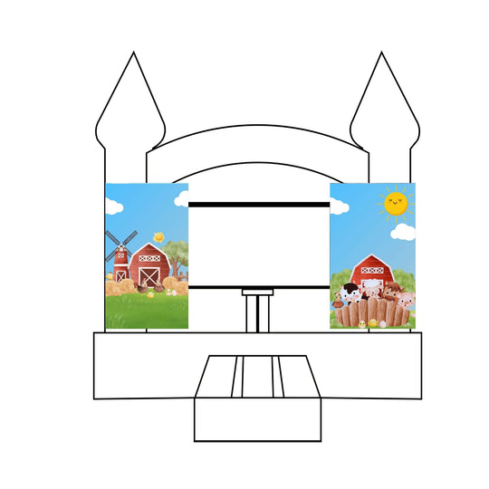 Two custom event banners featuring a farm theme with a barn, windmill, and animals, positioned on a bounce house. Two custom event banners featuring a farm theme with a barn, windmill, and animals, positioned on a bounce house.