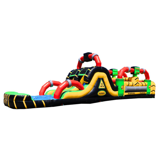 Colorful commercial obstacle course inflatable featuring bright green, yellow, and red elements, set against a white Colorful commercial obstacle course inflatable featuring bright green, yellow, and red elements, set against a white
