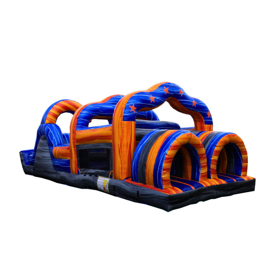 Colorful commercial obstacle course inflatable featuring tunnels and slides, set against a white background. Colorful commercial obstacle course inflatable featuring tunnels and slides, set against a white background.