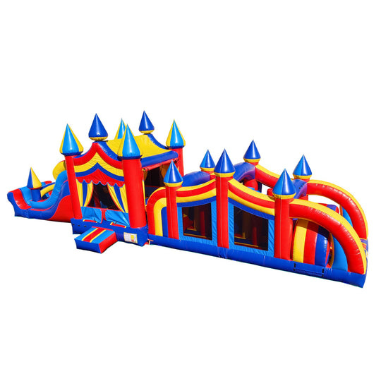 Colorful circus-themed commercial obstacle course inflatable featuring bright red, blue, and yellow colors with multiple Colorful circus-themed commercial obstacle course inflatable featuring bright red, blue, and yellow colors with multiple