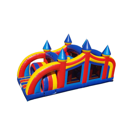 Colorful inflatable circus obstacle course with red, blue, and yellow sections and pointed towers, set against a white Colorful inflatable circus obstacle course with red, blue, and yellow sections and pointed towers, set against a white