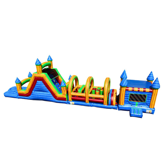 Colorful commercial obstacle course inflatable featuring slides, tunnels, and climbing structures in a bright blue and green Colorful commercial obstacle course inflatable featuring slides, tunnels, and climbing structures in a bright blue and green