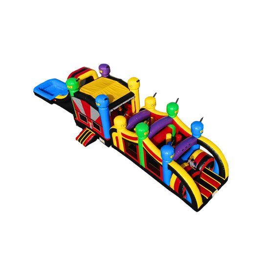 Colorful inflatable ninja obstacle course featuring various climbing and sliding elements, set against a white background. Colorful inflatable ninja obstacle course featuring various climbing and sliding elements, set against a white background.