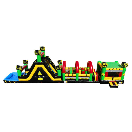 Colorful Toxic Obstacle Course featuring green, yellow, and black elements with slides and tunnels, set against a white Colorful Toxic Obstacle Course featuring green, yellow, and black elements with slides and tunnels, set against a white