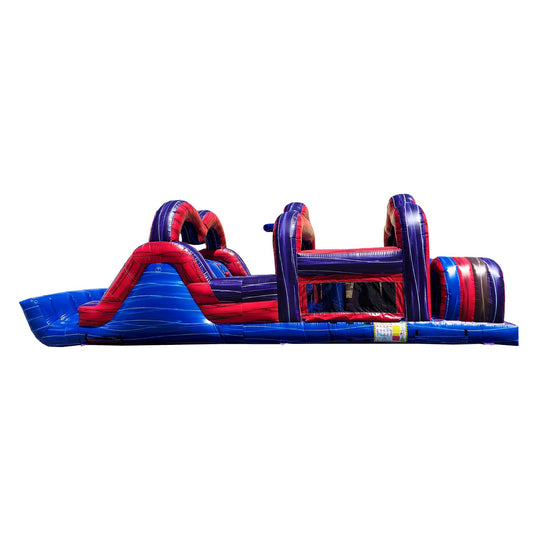 Dark inflatable obstacle course featuring vibrant red and blue colors, showcasing various climbing and sliding sections. Dark inflatable obstacle course featuring vibrant red and blue colors, showcasing various climbing and sliding sections.