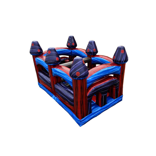 Dark inflatable obstacle course featuring vibrant red and blue colors with various climbing and sliding elements, set against Dark inflatable obstacle course featuring vibrant red and blue colors with various climbing and sliding elements, set against