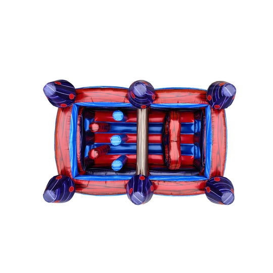 Top view of the IN-806 Dark Obstacle Course featuring red and blue inflatable structures with various obstacles, showcasing a Top view of the IN-806 Dark Obstacle Course featuring red and blue inflatable structures with various obstacles, showcasing a