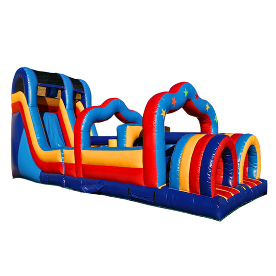 Colorful commercial obstacle course inflatable featuring vibrant blue, red, and yellow sections with tunnels and climbing Colorful commercial obstacle course inflatable featuring vibrant blue, red, and yellow sections with tunnels and climbing