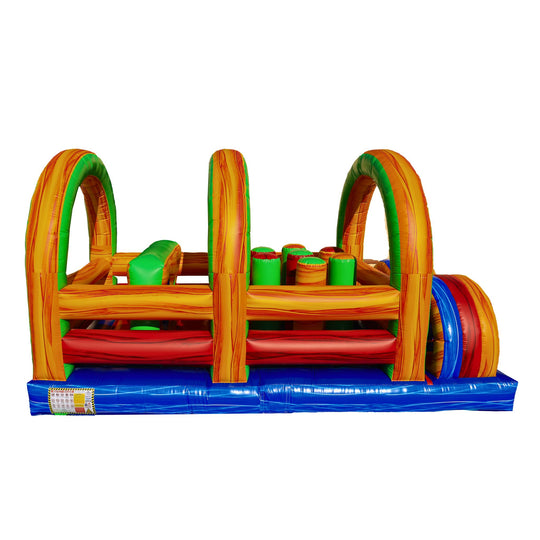 Colorful commercial obstacle course inflatable featuring tunnels and climbing sections, set against a white background. Colorful commercial obstacle course inflatable featuring tunnels and climbing sections, set against a white background.