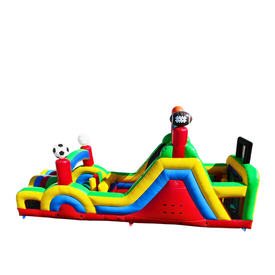 Colorful commercial obstacle course inflatable featuring sports-themed elements like a football and soccer ball. Colorful commercial obstacle course inflatable featuring sports-themed elements like a football and soccer ball.