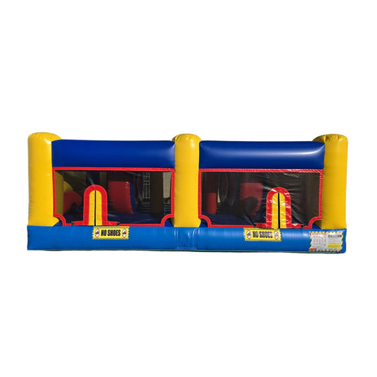 Brightly colored commercial obstacle course inflatable featuring blue and yellow sections, designed for indoor use. Brightly colored commercial obstacle course inflatable featuring blue and yellow sections, designed for indoor use.