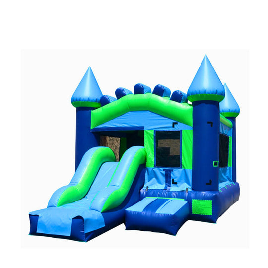 Bright blue and green commercial inflatable combo with two slides and castle-like towers. Bright blue and green commercial inflatable combo with two slides and castle-like towers.