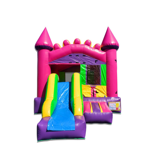Bright pink commercial inflatable combo with a slide and colorful panels, set against a white background. Bright pink commercial inflatable combo with a slide and colorful panels, set against a white background.