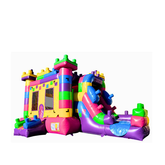 Colorful pink and purple commercial inflatable combo featuring a slide and climbing area, set against a white background. Colorful pink and purple commercial inflatable combo featuring a slide and climbing area, set against a white background.