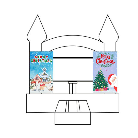 Two festive Christmas banners featuring snowy scenes and holiday designs, displayed on a bounce house. Two festive Christmas banners featuring snowy scenes and holiday designs, displayed on a bounce house.