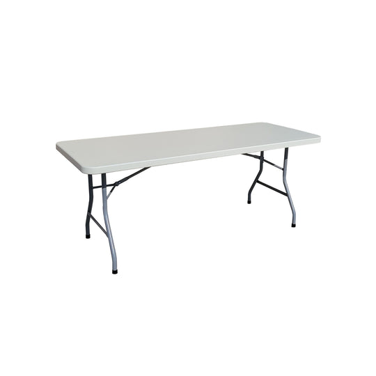 Rectangular plastic folding table with a gray surface and metal legs, suitable for various events. Rectangular plastic folding table with a gray surface and metal legs, suitable for various events.