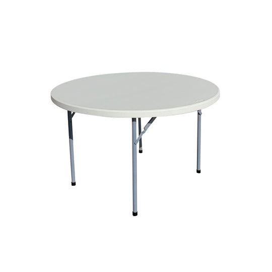 A 60-inch round table with a white top and silver legs, suitable for various events. A 60-inch round table with a white top and silver legs, suitable for various events.