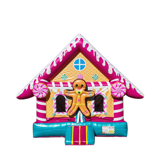 Colorful gingerbread house-themed commercial bounce house for sale with a smiling gingerbread man and candy decorations. Colorful gingerbread house-themed commercial bounce house for sale with a smiling gingerbread man and candy decorations.