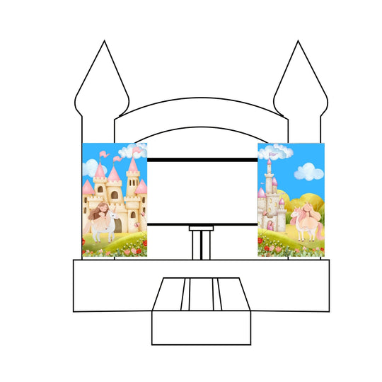 Two custom event banners featuring a castle and a unicorn, placed on a bounce house with a whimsical design. Two custom event banners featuring a castle and a unicorn, placed on a bounce house with a whimsical design.