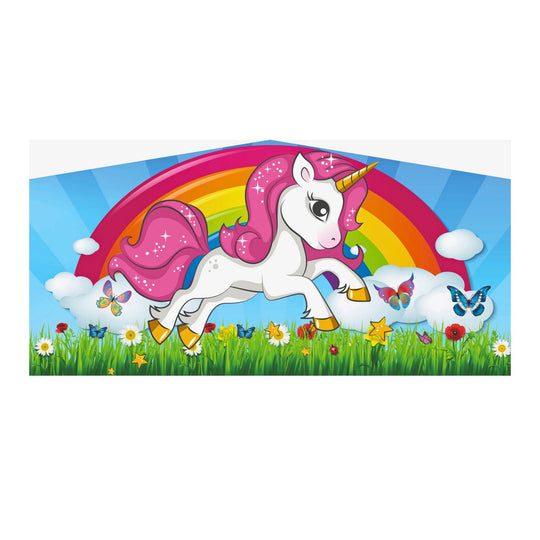 Colorful inflatable art panel featuring a unicorn with a rainbow, butterflies, and flowers. Colorful inflatable art panel featuring a unicorn with a rainbow, butterflies, and flowers.