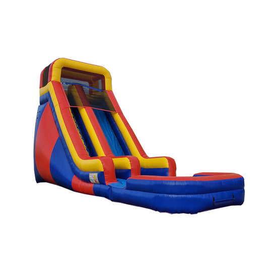 Brightly colored commercial water slide for sale featuring red, yellow, and blue sections with a splash pool at the bottom. Brightly colored commercial water slide for sale featuring red, yellow, and blue sections with a splash pool at the bottom.
