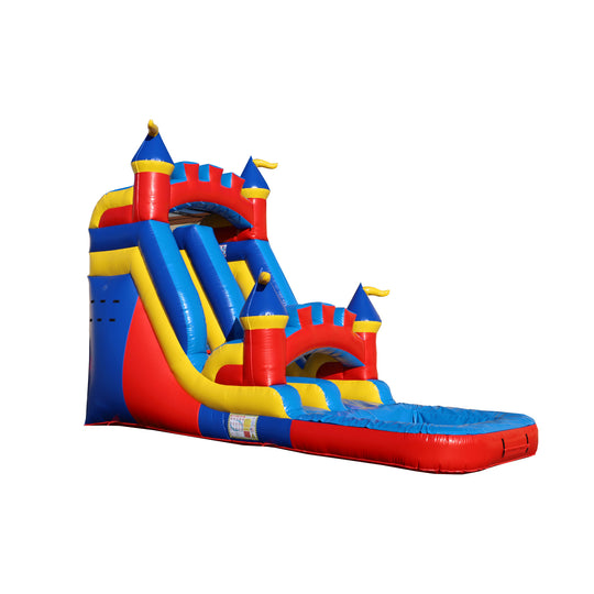 Colorful Kingdom Splash Water Slide featuring blue and red with yellow accents, designed for outdoor fun. Colorful Kingdom Splash Water Slide featuring blue and red with yellow accents, designed for outdoor fun.