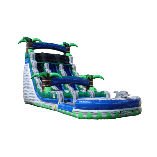 Colorful inflatable water slide featuring palm trees and a dolphin design, set against a white background. Colorful inflatable water slide featuring palm trees and a dolphin design, set against a white background.