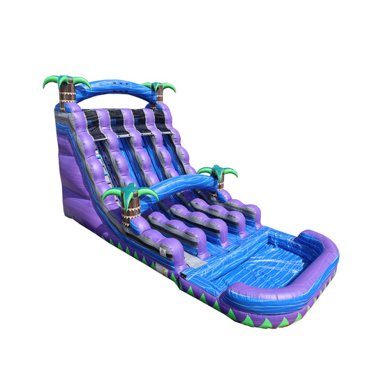 Purple Rain Forest water slide featuring multiple sliding lanes and palm tree accents, set against a white background. Purple Rain Forest water slide featuring multiple sliding lanes and palm tree accents, set against a white background.