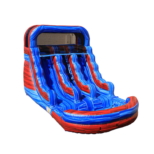 Bright red and blue commercial water slide with multiple lanes, designed for outdoor fun. Bright red and blue commercial water slide with multiple lanes, designed for outdoor fun.