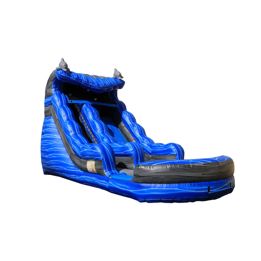 Large blue and gray inflatable water slide featuring a deep sea theme, designed for outdoor fun. Large blue and gray inflatable water slide featuring a deep sea theme, designed for outdoor fun.