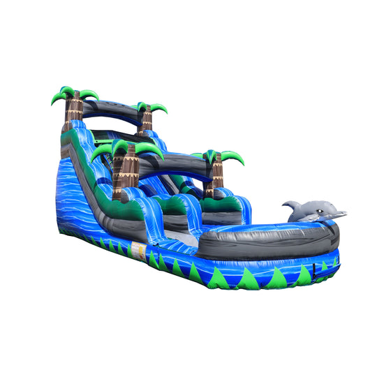 Colorful tropical island-themed commercial water slide for sale featuring palm trees and a dolphin design. Colorful tropical island-themed commercial water slide for sale featuring palm trees and a dolphin design.