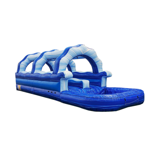 Blue and white Arctic Rush Slip-N-Slide with multiple arches and a long sliding surface, set against a plain background Blue and white Arctic Rush Slip-N-Slide with multiple arches and a long sliding surface, set against a plain background