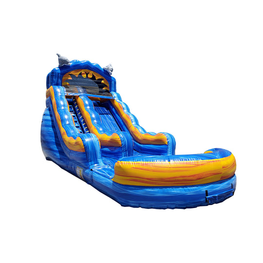 Bright blue and yellow commercial water slide for sale featuring a steep slide and wave design, set against a white Bright blue and yellow commercial water slide for sale featuring a steep slide and wave design, set against a white