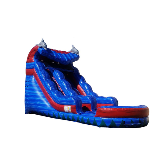 Bright blue and red Typhoon Wave Water Slide featuring a wave design and dolphin accents, set against a white background. Bright blue and red Typhoon Wave Water Slide featuring a wave design and dolphin accents, set against a white background.