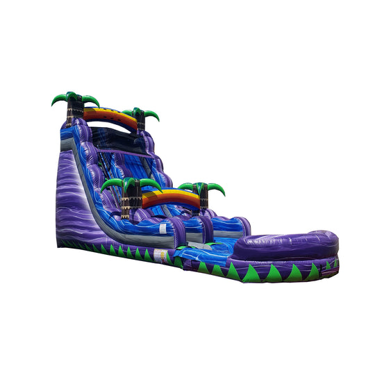 Colorful 20FT commercial water slide featuring purple and green design with palm trees, set against a white background. Colorful 20FT commercial water slide featuring purple and green design with palm trees, set against a white background.