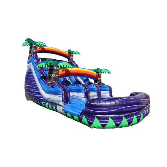 Colorful WS-029D Rainbow Water Slide featuring palm trees and a blue wave design, set against a white background. Colorful WS-029D Rainbow Water Slide featuring palm trees and a blue wave design, set against a white background.